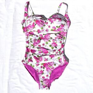 Betsey Johnson Love Always Ruched One Piece Swimsuit Womens Large Pink White